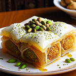 **A beautifully decorated Arabic dessert, such as Kunafeh or Baklava, with a visible creamy filling, artfully presented with pistachios and syrup. The scene is warmly lit, highlighting the textures and inviting taste.** (Focuses on cream cheese in traditional Arabic sweets)