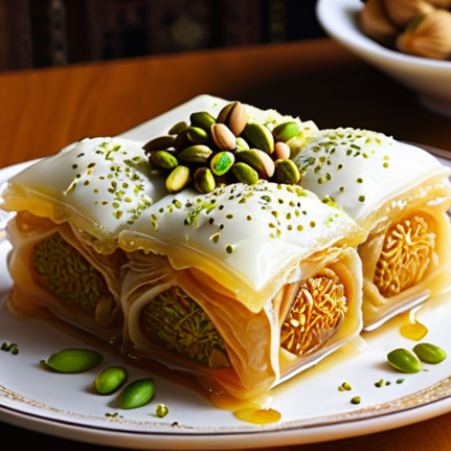 Home 14 **A beautifully decorated Arabic dessert, such as Kunafeh or Baklava, with a visible creamy filling, artfully presented with pistachios and syrup. The scene is warmly lit, highlighting the textures and inviting taste.** (Focuses on cream cheese in traditional Arabic sweets)