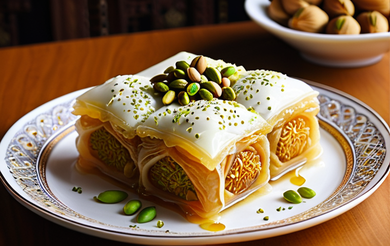 **A beautifully decorated Arabic dessert, such as Kunafeh or Baklava, with a visible creamy filling, artfully presented with pistachios and syrup. The scene is warmly lit, highlighting the textures and inviting taste.** (Focuses on cream cheese in traditional Arabic sweets)
