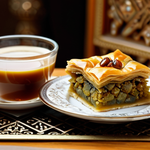 Home 9 **Image:** A beautifully arranged table setting featuring a slice of baklava and a cup of Arabic coffee.
**Prompt:** "Close-up shot of a slice of baklava glistening with syrup next to a small, ornate cup of Arabic coffee, set on a decorative Middle Eastern-style table, warm lighting, fully clothed background people, appropriate content, safe for work, perfect anatomy, natural proportions, professional food photography, high quality, family-friendly."