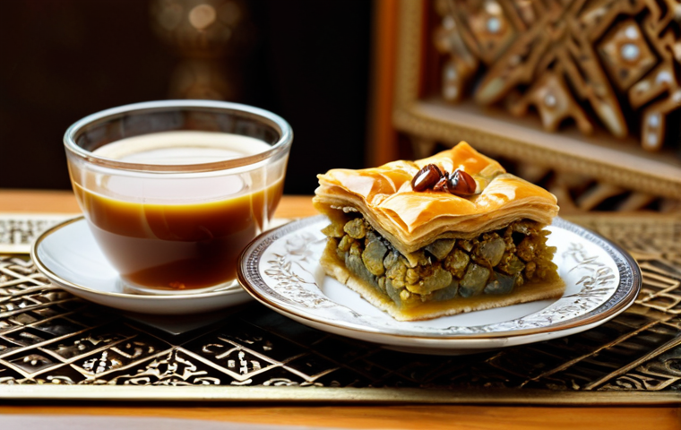 **Image:** A beautifully arranged table setting featuring a slice of baklava and a cup of Arabic coffee.
    **Prompt:** "Close-up shot of a slice of baklava glistening with syrup next to a small, ornate cup of Arabic coffee, set on a decorative Middle Eastern-style table, warm lighting, fully clothed background people, appropriate content, safe for work, perfect anatomy, natural proportions, professional food photography, high quality, family-friendly."