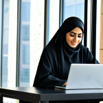 프리미엄 디저트 상자 - **

"A professional Arab businesswoman in a modest, tailored abaya, working on a laptop in a modern,...