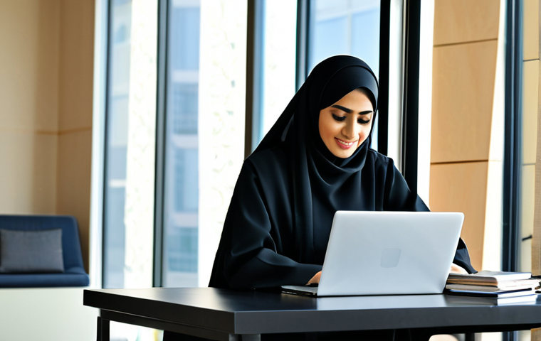 프리미엄 디저트 상자 - **
"A professional Arab businesswoman in a modest, tailored abaya, working on a laptop in a modern,...